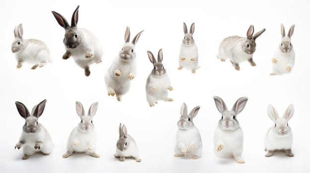Adorable fluffy rabbits with perky ears hopping on white background.