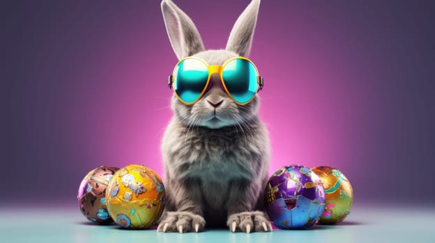 A stylish white rabbit wearing retro goggles and a fashionable outfit against a vibrant blue background. This unique and eye-catching image is sure to capture attention and leave a lasting impression.