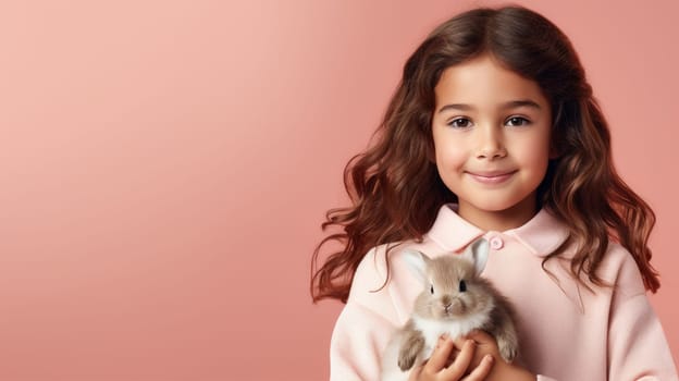 A happy young girl with long flowing hair wearing a cozy pink sweater embraces a fluffy white bunny with a big smile on her face. The adorable duo poses together, radiating pure joy and warmth.