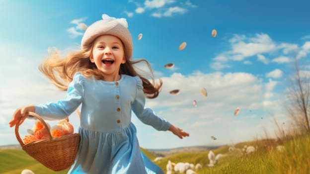 Cheerful young girl holding colorful Easter egg basket under clear blue sky on sunny spring day.