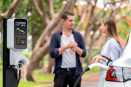 Lovely young couple recharging battery for electric car during autumnal road trip travel EV car in autumnal forest. Eco friendly travel on vacation during autumn. Exalt