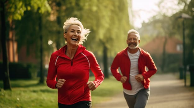 An elderly couple enjoys a morning run in the park. The womans blond hair gracefully flows, matching the mans dignified look. Their smiles radiate happiness, embodying love, health, and vitality.