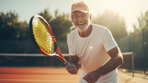 An elderly man with a content smile energetically plays tennis under the warm sun, gripping his racket. In the background, two friends have a friendly match on a sunny day at the tennis court.