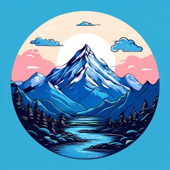 Serene illustration of mountains, river enclosed within circular frame, depicting natural beauty, tranquility. Logo design outdoor adventure travel agency, nature themed website, social media banner
