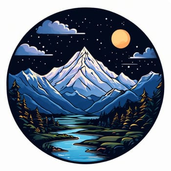 Serene illustration of mountains, river enclosed within circular frame, depicting natural beauty, tranquility. Printed on merchandise like tshirts, mugs, notebooks for nature lovers, travel brochures