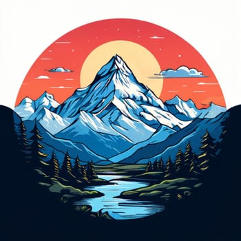 Serene illustration of mountains, river enclosed within circular frame, depicting natural beauty, tranquility. Logo design outdoor adventure travel agency, nature themed website, social media banner