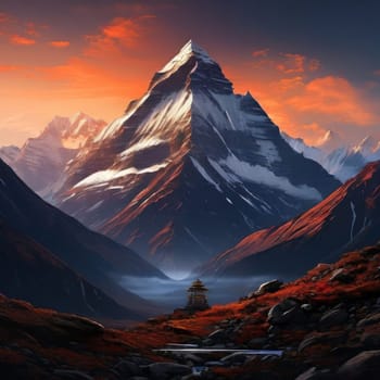 Serene painting capturing majestic mountain with pagoda in background, exuding sense of peace, tranquility. Wall art for home decor, especially in room with calming ambiance, travel brochures