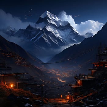 Serene painting capturing majestic mountain with pagoda in background, exuding sense of peace, tranquility. Wall art for home decor, especially in room with calming ambiance, travel brochures