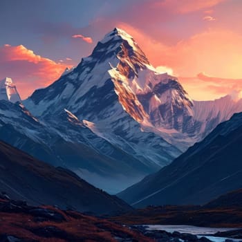 Breathtaking painting capturing serene beauty of majestic mountain bathed in warm hues of sunset. For home decor, nature themed websites, travel brochures, inspirational posters, travel brochures