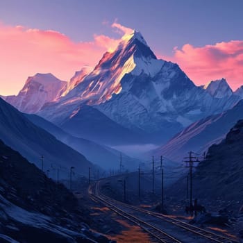Scenic mountain road winding through majestic peaks in background. Various contexts such as art galleries, nature themed publications, educational materials on geography, inspirational posters