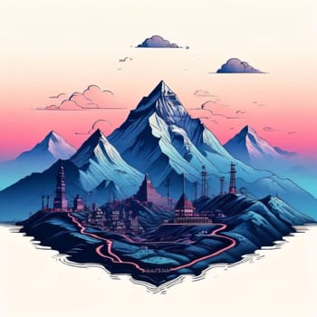 Serene painting capturing majestic mountain with pagoda in background, exuding sense of peace, tranquility. Meditation, mindfulness materials. Interior decor in spaces aiming for peaceful ambiance