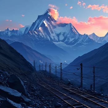 Scenic mountain road winding through majestic peaks in background. Various contexts such as art galleries, nature themed publications, educational materials on geography, inspirational posters