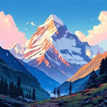 Serene painting capturing majesty of mountains, trees silhouetted against vibrant sunset. For meditation, mindfulness materials. Interior decor in spaces aiming for peaceful ambiance, natural beauty