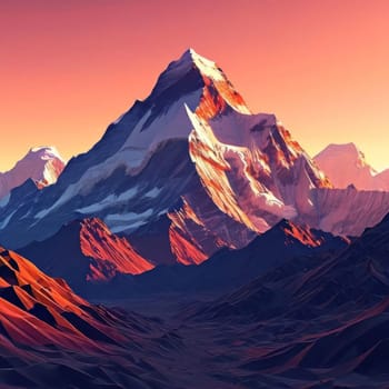 Serene painting capturing majesty of mountains, trees silhouetted against vibrant sunset. For meditation, mindfulness materials. Interior decor in spaces aiming for peaceful ambiance, natural beauty