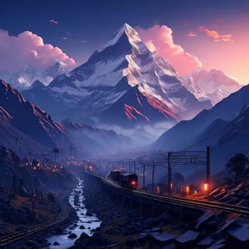 Serene painting capturing majestic mountain with pagoda in background, exuding sense of peace, tranquility. Meditation, mindfulness materials. Interior decor in spaces aiming for peaceful ambiance