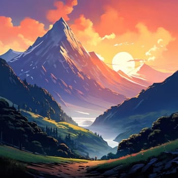 Breathtaking painting capturing serene beauty of majestic mountain bathed in warm hues of sunset. For home decor, nature themed websites, travel brochures, inspirational posters, travel brochures