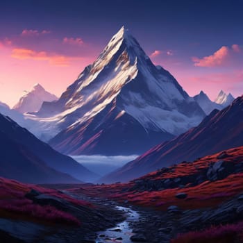 Scenic mountain road winding through majestic peaks in background. decorative piece in homes, offices to evoke sense of tranquility, natural beauty. Printed on merchandise like tshirts, mugs