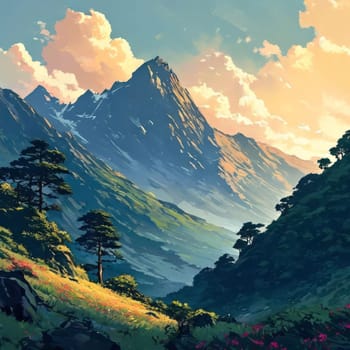 Serene painting capturing majesty of mountains, trees silhouetted against vibrant sunset. For meditation, mindfulness materials. Interior decor in spaces aiming for peaceful ambiance, natural beauty