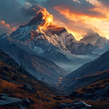 Breathtaking painting capturing serene beauty of majestic mountain bathed in warm hues of sunset. For decorative element in interior design for spaces like homes, offices, hotels, travel brochures