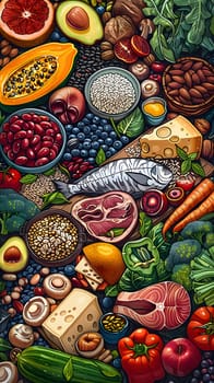 a painting of a variety of fruits and vegetables . High quality