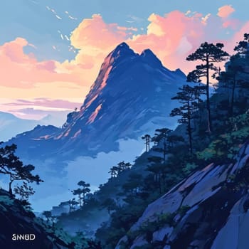 Serene painting capturing majesty of mountains, trees silhouetted against vibrant sunset. For meditation, mindfulness materials. Interior decor in spaces aiming for peaceful ambiance, natural beauty