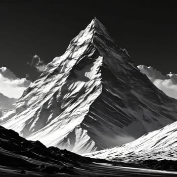 Stunning black, white drawing of majestic mountain range. Nature themed publications, websites, travel brochures, meditation app, even as decorative piece in home, office to evoke sense of tranquility