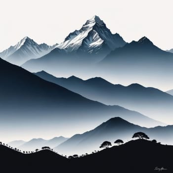 Serene black, white painting capturing majestic mountains, lush trees in harmonious contrast. Printed on merchandise like tshirts, mugs, notebooks for nature lovers, travel brochures promoting