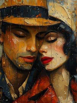 A beautiful painting of a man and woman with eyes closed, showcasing detailed features like nose, cheek, chin, and hairstyle. The artist captured a serene moment in the visual arts