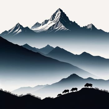 Stunning black, white drawing of majestic mountain range. Various contexts such as travel brochures, website banners for adventure tourism, in articles about road trips through mountainous regions
