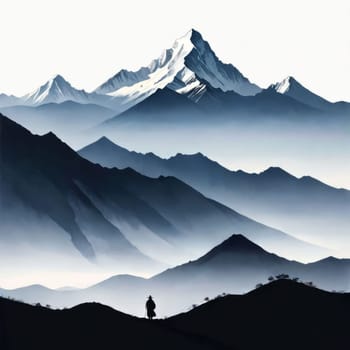 Serene black, white painting capturing majestic mountains, lush trees in harmonious contrast. Printed on merchandise like tshirts, mugs, notebooks for nature lovers, travel brochures promoting