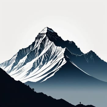 Stunning black, white drawing of majestic mountain range. Various contexts such as travel brochures, website banners for adventure tourism, in articles about road trips through mountainous regions