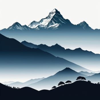 Stunning black, white drawing of majestic mountain range. Nature themed publications, websites, travel brochures, meditation app, even as decorative piece in home, office to evoke sense of tranquility