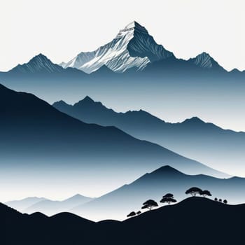 Serene black, white painting capturing majestic mountains, lush trees in harmonious contrast. Logo design for outdoor adventure travel agency, nature themed website, social media banner. Print tshirts
