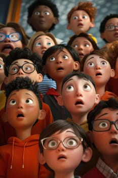 A crowd of children with frightened expressions on their faces. 3d illustration.