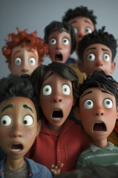 A crowd of children with frightened expressions on their faces. 3d illustration.
