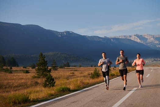 A group of friends maintains a healthy lifestyle by running outdoors on a sunny day, bonding over fitness and enjoying the energizing effects of exercise and nature.