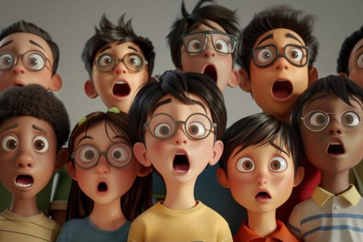 A crowd of children with frightened expressions on their faces. 3d illustration.