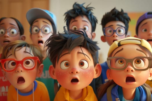 A crowd of children with frightened expressions on their faces. 3d illustration.