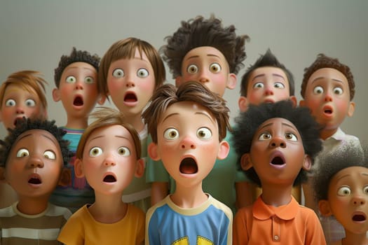 A crowd of children with frightened expressions on their faces. 3d illustration.