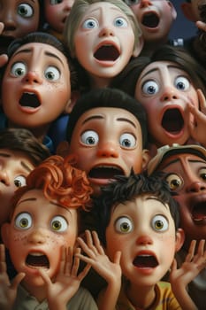 A crowd of children with frightened expressions on their faces. 3d illustration.