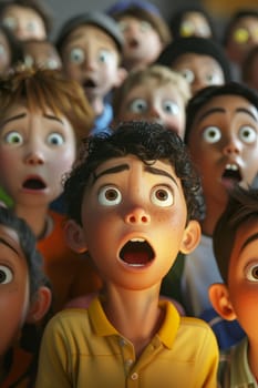 A crowd of children with frightened expressions on their faces. 3d illustration.