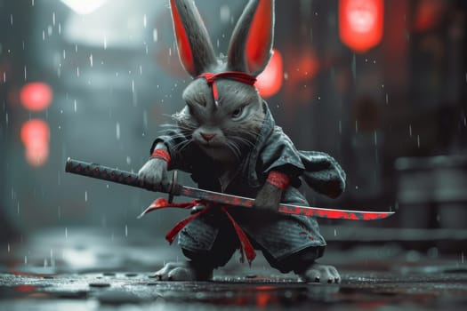 The samurai hare is in the city in the evening. 3d illustration.