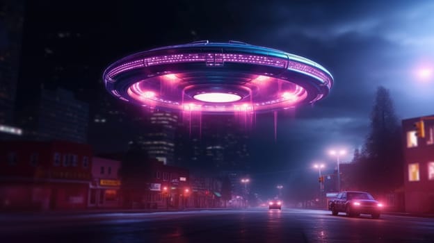 Retro-futuristic flying saucer hovering over a vibrant 1980s city skyline illuminated with neon lights. Ideal for book covers, movie posters, and futuristic-themed projects.
