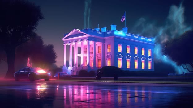 A cyberpunk cityscape with a glowing white house at night. The tall, imposing structure emits a blue glow from its windows, surrounded by skyscrapers in a dark, mysterious atmosphere.