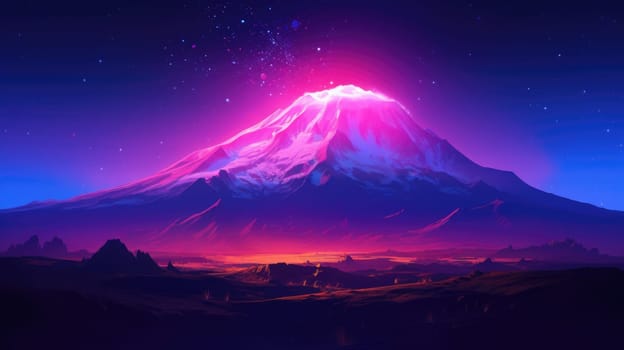 Enchanting Landscape of Fuji Mountain in Japan with Pink neon Sky and Snowy Peaks.