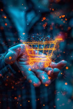 A man's hand holding a hologram of a shopping cart, the concept of Internet technology, mobile online shopping.