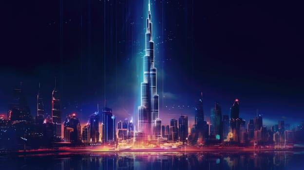 Stunning night view of Dubai downtown with Burj Khalifa, the worlds tallest building. Iconic UAE landmark for travel and tourism, showcasing the urban landscape on the shores of the Persian Gulf.