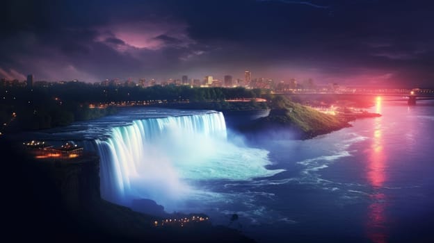 A stunning long exposure shot of Niagara Falls at night, glowing in blue, green, and pink hues. The falls cascade smoothly under a dark sky, with a softly lit bridge in the distance.