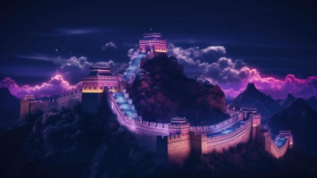 A captivating digital illustration showcasing the majestic Great Wall of China at night, bathed in a colorful display of pink and purple lights under a stunning purple sky.