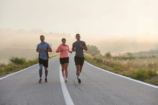 A group of friends, athletes, and joggers embrace the early morning hours as they run through the misty dawn, energized by the rising sun and surrounded by the tranquil beauty of nature.